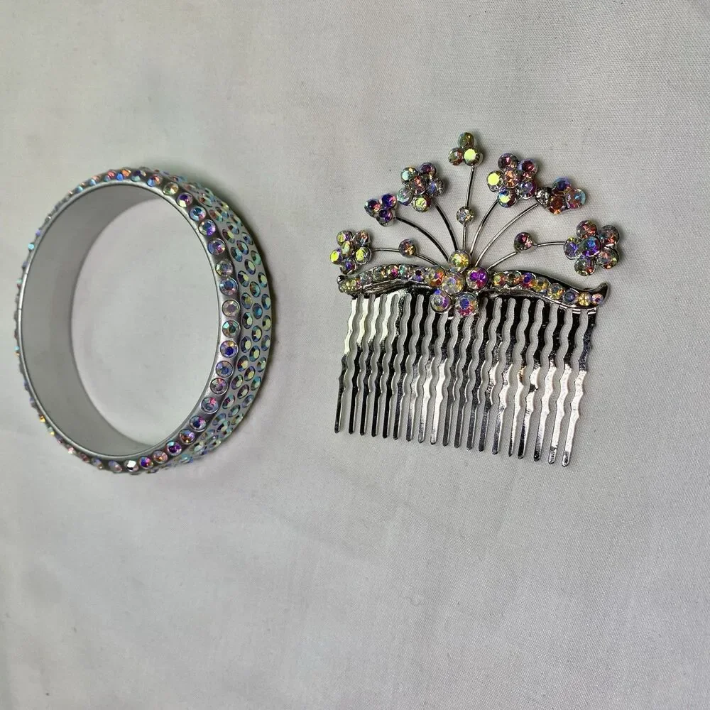 iridescent rhinestones hair comb barrette and bangle bracelet set silver color